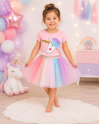 Image of Bold N Elegant Girls Unicorn T-Shirt Top & Rainbow Tutu Skirt Set | Cute Summer Outfit for Girls | Soft Cotton Top with Multicolor Net Skirt