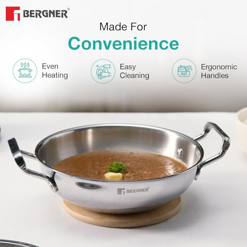 Image of Bergner TriPro 3 Pcs Tri-Ply Stainless Steel Induction Bottom Cookware Set - 22cm (2L) Kadai and 22cm (1L) Frypan, 14cm (1.1L) Teapan, Less Oil Use, Easy to Clean - Induction and Gas Stove Ready