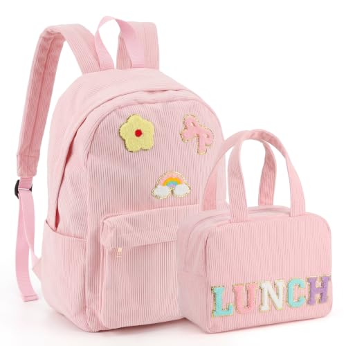 2pcs, Corduroy Preppy Backpack Set for Girls, with Insulated Lunch Bag