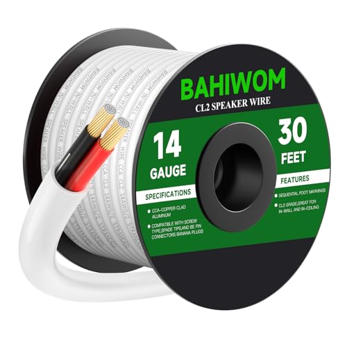 Fire Safety CL2 Speaker Wire in-Wall & in-Ceiling 14 Gauge Wire 30 FT CCA Cord 2 Conductors Red Black Speaker Cable for Indoor Home Theater System,Car Audio Soft White Jacket
