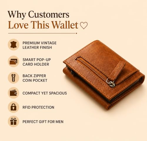 Image of Defender RFID Blocking Leather Wallet for Men | Pop-Up Card Holder with Zipper Coin Pocket & Cash Compartment | Slim Minimalist Wallet