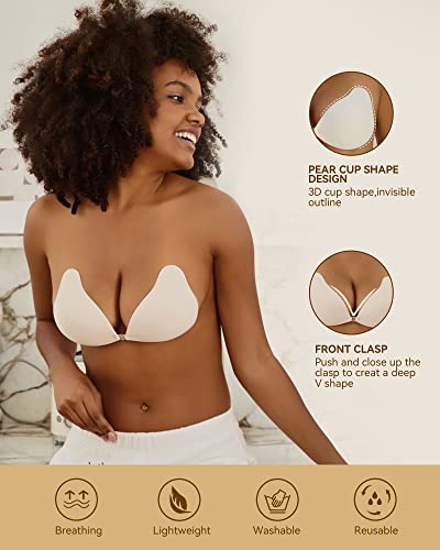 Niidor Adhesive Sticky Bra Pear-Shape Cup Strapless Invisible Reusable Bra With Nipple Covers For Women, Dark Skin, C #TOP1