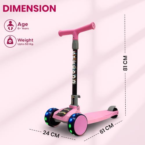 Image of NHR 3-Wheel Kick Scooter for Kids with Adjustable Height, Smart Tilt-to-Steer Balance Control, Heavy Duty PU Wheels & Rear Foot Brake (Pink)