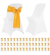 HAISIWLKJ 50 Sets Stretch Spandex Folding Chair Cover White and Satin Bows Chair Sashes Ribbon Ti...