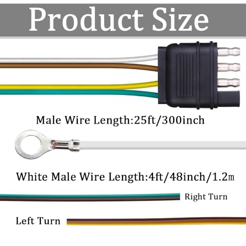 Image of 25 Foot 4 Wire 4-Flat Trailer Light Wiring Harness Extension Kit with 18 Gauge White Ground Wire for Trailers