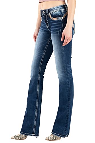 Miss Me Women's Mid Rise Autum Leaf Border Bootcut Jeans with Faux Flap Pockets3