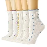 Damen Crew Socken Baumwollsocken, 5 Paar Florale Söckchen Rüschensocken Baumwolle Sockens Atmungsaktive Rüschen Sockens, Niedliche Socken Freizeitsocke Crew-Socken für Damen und Mädchen