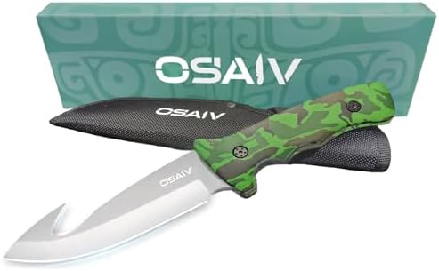 Fixed Blade Hunting Knife with Sheath,Full Tang Stainless Steel Camping Knife with Gut Hook Edge,Portable Deer Skinning Knife for Hunter,Outdoor Hunting Knives Gift for Men-Green Wooden Handle