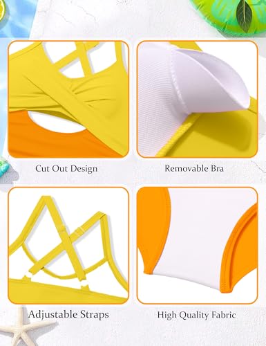 Image of Girl Swimsuit One Piece Cutout Ruched Bathing Suit for Girls Color Block Adjustable Straps Pad Swimwear 9-18y