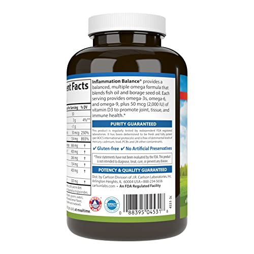Carlson - Inflammation Balance, Balanced Omega-3 & Omega-6 Ratio, With D3, Norwegian, Wild-Caught Fish Oil Supplement With Fatty Acids, Sustainably Sourced Fish Oil Capsules, 90 Softgels #TOP2