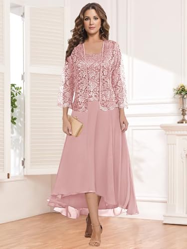 2 Pieces Mother of The Bride Dresses for Women Wedding Tea Length Chiffon Lace Jacket Formal Dress3