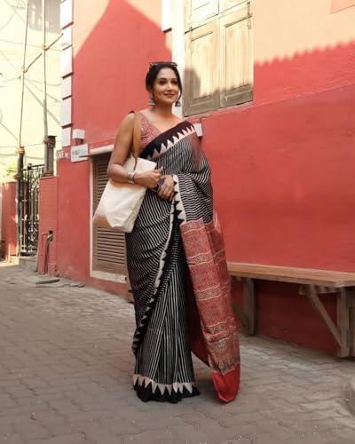 Image of SATIKA VASTRAM Modal Silk Ajrakh Saree Bandhani Design Crepe Printed Designer Pallu Attach Blouse Piece