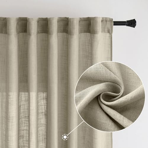 MIULEE Oatmeal Linen Curtains 96 Inches Long 2 Panels for Bedroom Living Room, Soft Thick Linen Textured Natural Window Drapes Semi Sheer Light Filtering Back Tab Rod Pocket Burlap Look Decor