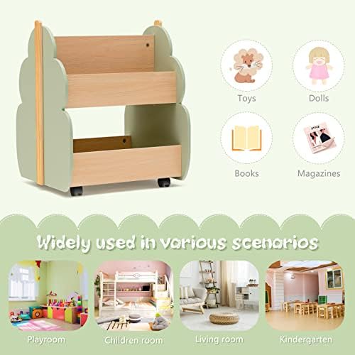 GYMAX Kids Bookshelf, Double-sided Children Bookcase with Universal Wheels, 2-Tier Wooden Toy Storage Organizer for Playroom Kindergarten