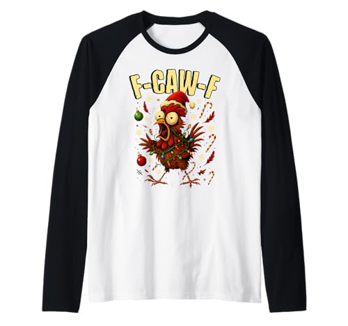 Divertido F-Caw-F Navidad Pollo Luces de Navidad Sombrero de Papá Noel F-Caw- Camiseta Manga Raglan
