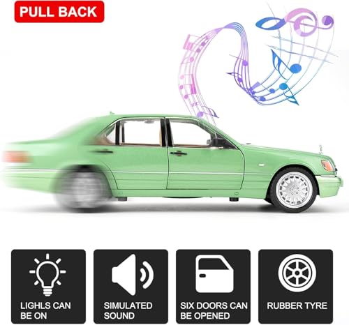 Image of 1:24 Benz W140 S320 Model Car, Diecast Collectible Pull Back Toy Car, Retro Classic Car with Sound and Light for Adults, Kids, Boys (Green)