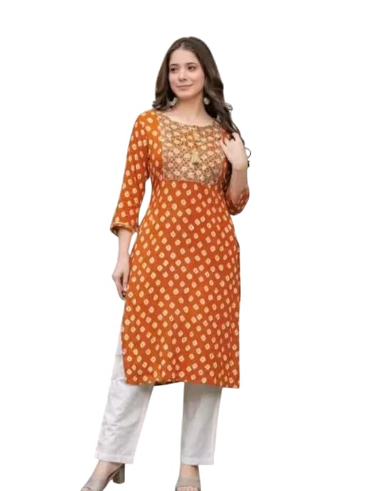 Image of Women Printed Cotton Rayon Kurti | Stylish A-Line Casual & Office Wear Kurta for Women | 3 /4 Sleeve | PF20