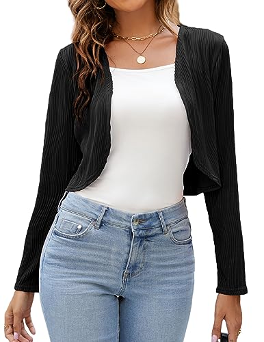 Image of ZAFUL Women's Long Sleeve Ribbed Cropped Cardigan Sweaters Open Front Bolero Short Shrugs S-XXL