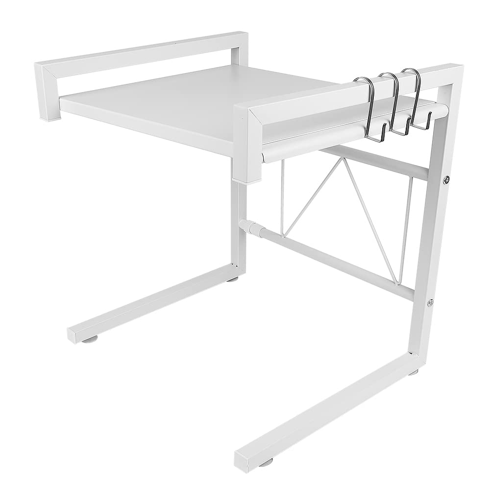 Estante de microondas extensible de metal, estante ajustable para cocina, estante de microondas vertical con 3 ganchos en S, práctico soporte de cocina para encimera (blanco)
