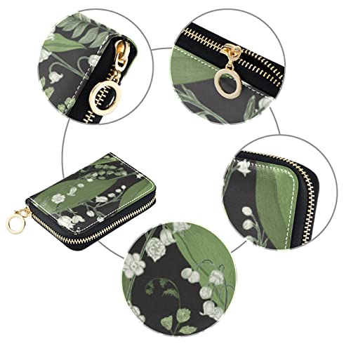 Green White Color Lily of the Valley with Ferns Leaves on Black Grey Credit Card Coin wallet, RFID Blocking Compact Women Leather Card Holder, Key Change Organizer, Zipper Purse Clutch Pouch3