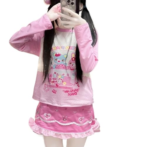 Sweet Cartoon Print Pink O-Neck T Shirts Women Long Sleeve Tees Y2k Aesthetic Grunge Cropped Tee