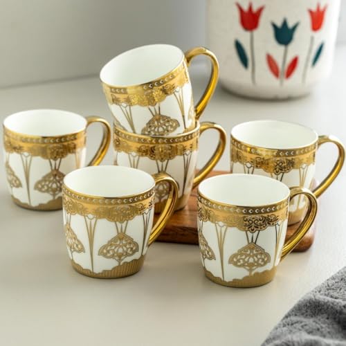 Image of Clay Craft Fine Ceramic Tea & Coffee Cups Set with Gold Detailing| 210 Ml Elegant Designer Cups for Home & Gifting | Premium Finish| Classic Pattern| Comfortable Handle