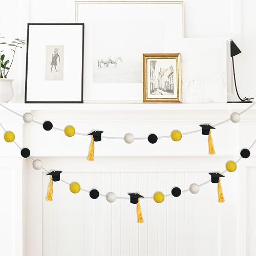 Graduation Cap Felt Ball Garland, Graduation Hat Party Decor Banner for 2024 High School College Grad Party Banner Felt Ball Garland (Black Gold White with Gold Tassels)