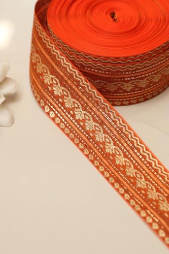 Image of Banarasi Silk Border Lace for Saree, Dupatta, Lehenga, Suit, Blouse & Home Furnishing, Crafting DIY (Saffron Gold, 9 Meters x 2 Inch)