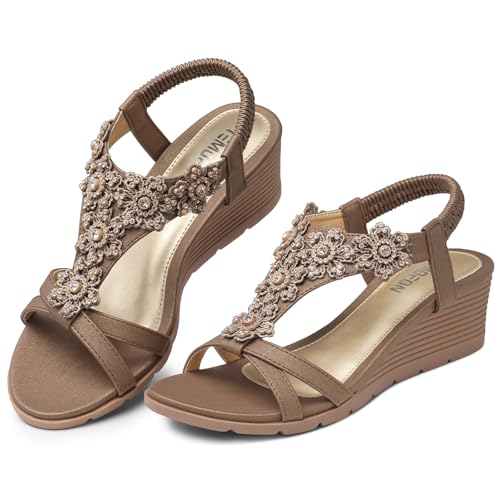 TEMOFON Women's Low Wedge Heels Summer Dressy Platform Sandals Elastic Ankle Strap Open Toe Shoes Bronze/Brown Size 8
