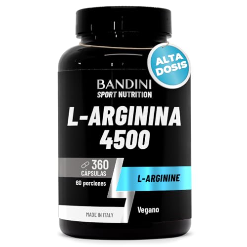 Bandini® L-Arginina 360 Cápsulas 4500 mg, Altamente Concentrada, L-Arginine HCL Cápsulas pura con polvo, Elaborada por Fermentación Vegetal, Sin aditivos Innecesarios, Arginina Vegana y Pura