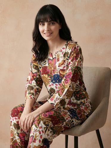 Image of Bee M Pee Designer Trendy Floral Printed Poly Rayon Cotton Kurta Coord Sets for Women | Stylish Casual Kurti Tunic Cord Set with Pant for Woman for Office