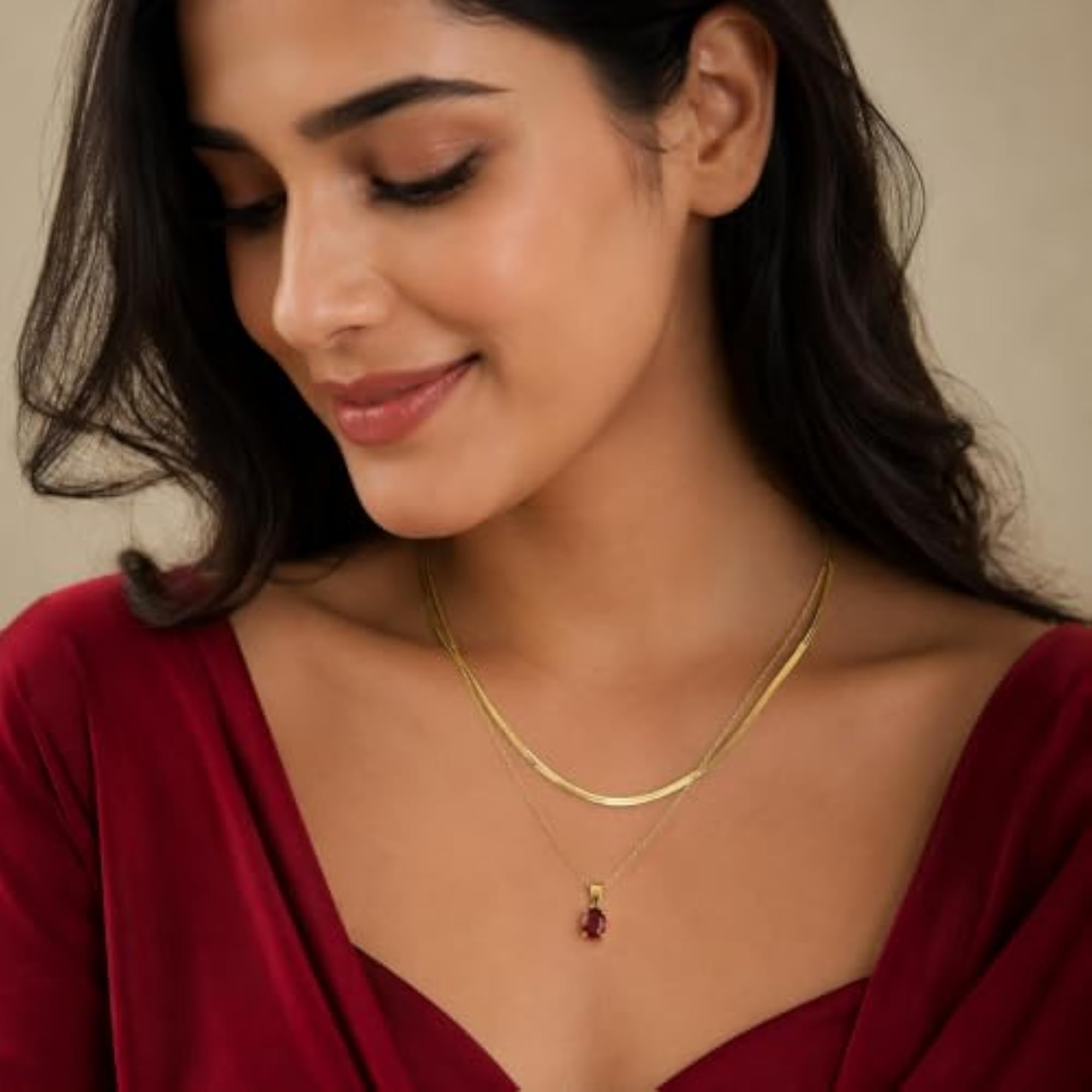 Ruby Red Stone Snake Chain Layered Necklace for Women