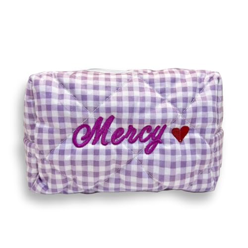 Bolsa de higiene pessoal personalizada com monograma com nome monogramado, bolsa de algodão Seersucker bolsa de grande capacidade, estojo de higiene pessoal para viagem de casamento, dama de honra