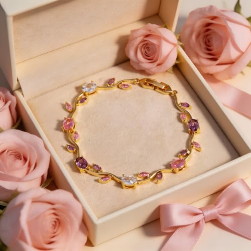 Image of Inites - Anti Tarnish Fairy Bloom Floral Tulip Bracelet With Multi Crystal Stones For Women & Girls | Elegant Floral Branches Golden Chain Link Bracelet Lightweight Jewelry For Daily Wear & Gifts