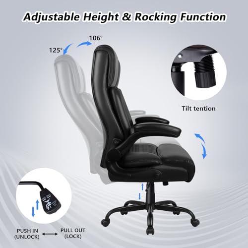 Big and Tall Office Chair, Ergonomic Leather Office Computer Desk Chair, Black Heavy Duty Office Chair with Flip-up Armrest, Comfortable High Back Home Chair 400 LBS with Lumbar Su image 6