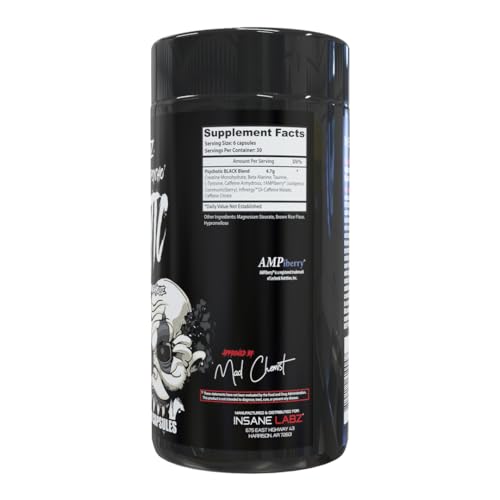 Image of Insane Labz Psychotic Black Edition Mid Stimulant Pre Workout Capsules, Energy Focus Pumps, Loaded with Creatine Beta Alanine Taurine Fueled by AMPiberry, 30 Servings, Unflavored