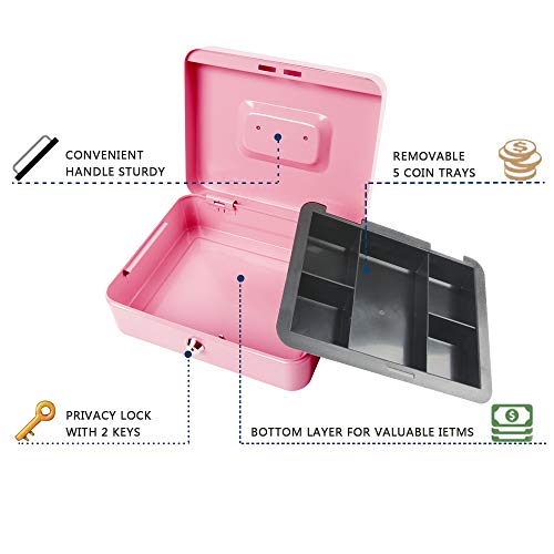Kyodoled Large Metal Cash Box With Money Tray And Lock,Money Box With Cash Tray,Cash Drawer,9.84"X 7.87"X 3.54" Pink Large #TOP1
