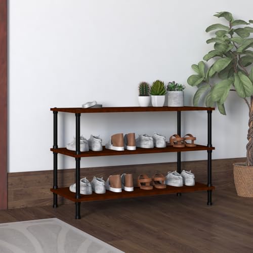 Image of TABLE MAGIC Jazz Shoe Rack Wooden Organizer | 3-Tier Multipurpose Shoes Stand for Home Wooden Shelves with & Steel Frame, Space-Saving Home Organizer, D30 x W60 x H46cm - Mahogany