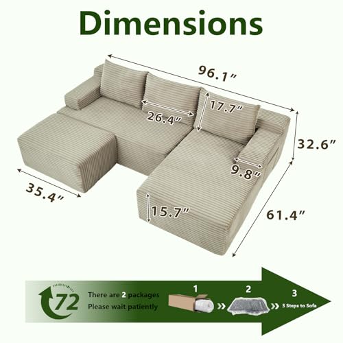Image of 96.1 inch Modular Sectional Sofa with Ottoman, Modern Corduroy Cloud Couch, Boneless Couch Upholstered 3-Seater U-Shaped Sofa for Living Room, No Assembly (Camel, Right-Facing Chaise)
