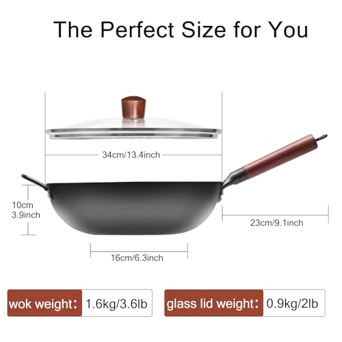Wrought Iron Flat Bottom Wok with Glass Lid – Detachable Wooden Handle, Non-Coated Naturally Nonstick Frying Pan for Gas, Electric & Induction Stoves (Black Wok with Helper Handle, 13.4 inch)