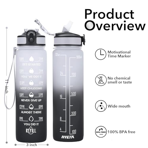 Image of HYETA 32 OZ Water Bottle with Times to Drink and Straw, Motivational Timed Marker Water Bottles with Strap, Leakproof & BPA Free, 1 Liter Reusable Sports Water Bottle for Fitness, Gym & Outdoors, Gray-Black