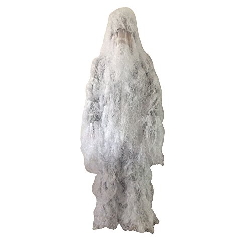 JUMPEAK Hooded Ghillie Suit Camo Clothing Woodland Camouflage Suits for Jungle Hunting,Shooting, Airsoft,Wildlife Photography, (White)