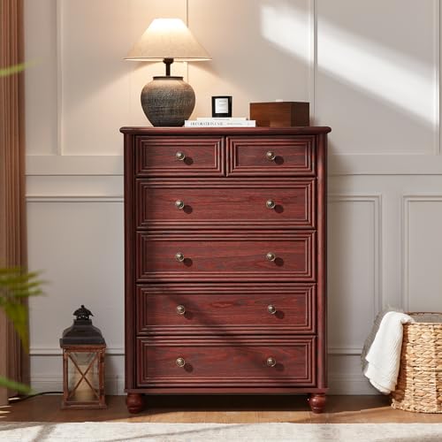 Farmhouse 6 Drawer Dresser Set of 2, Red Oak Chest of Drawers, 43.5" Tall Dressers for Bedroom with Roman Column and Metal Handles, Rustic Wood Storage Organizer for Living Room, Hallway, Closet