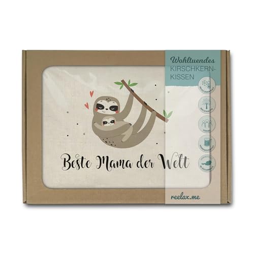 Öko Kirschkernkissen \"Beste Mama\" Faultier Motiv – Nachhaltige Geschenke für Frauen - Handgefertigt und naturbelassen aus Österreich - Geschenk zum Muttertag oder Geburtstag 19x26cm