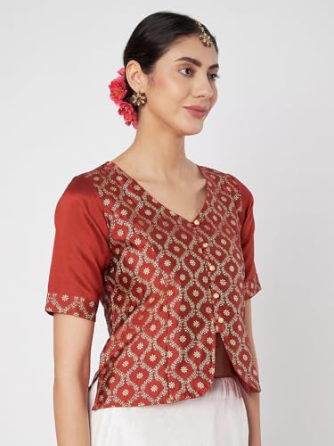 Image of studio rasa Women's Silk Blend Block Printed Button Down Readymade Top for Wedding Festive Party