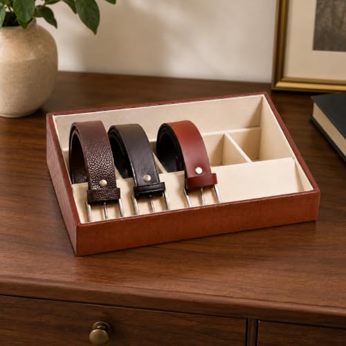 Image of La Trove 5 Slot Belt Organizer Display Tray for Men, Brown | Stackable tray keeps formal, casual and leather belts arranged neatly in wardrobe, closet, drawer, dresser or dressing table