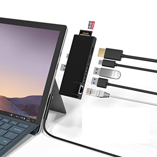 Surface Pro 7 Hub Docking Station with 4K HDMI Adapter+1000M Gigabit Ethernet LAN+ USB C PD Charging +2 Port USB 3.0+SD TF(Micro SD) Card Reader Converter Combo Adaptor for Microsoft Surface Pro 7