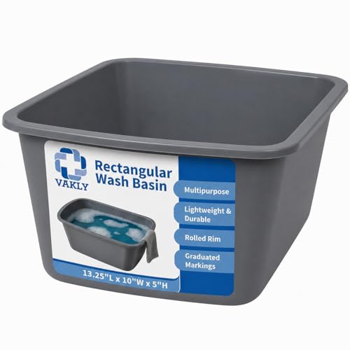 Vakly Wash Basins – Rectangular Plastic 7-Quart Graduated Hospital Soaking Tub with Markings – Small Portable Washbasin for Face Washing, Cleaning, Foot Bath, Dishes, Laundry & Bedside Care