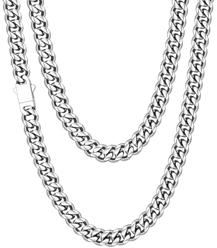 Fiusem 8mm Silver Colored Chains for Men, Silver Plated Cuban Link Chain Necklace for Men and Women, Stainless Steel Necklaces 22 Inch