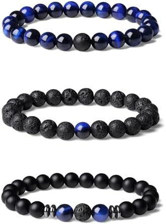 Mens Bead Bracelet Set 8MM Natural Stone Tiger Eye Black Crystal Stretch Adjustable Beaded Bracelet for Men Gift